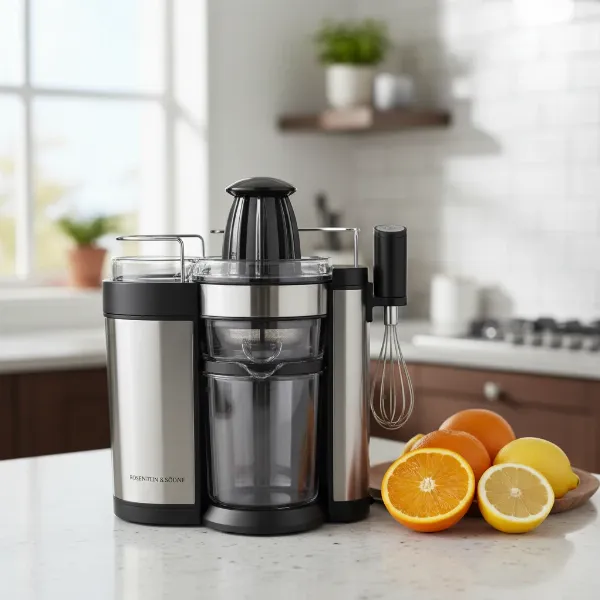Rosenstein & Söhne electric citrus press and mixer with oranges on kitchen counter.