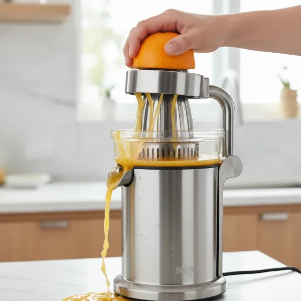 A close-up shot of the Sage The Citrus Press in action, showing a hand pressing an orange half onto the stainless steel quadra-fin cone, with juice flowing into the collector, in a modern kitchen setting.