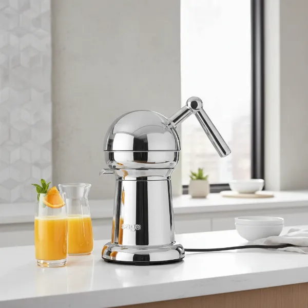 The Sage The Citrus Press elegantly placed on a clean kitchen countertop next to a glass of fresh orange juice, showcasing its stylish design and ease of integration.