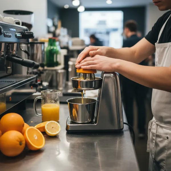 Commercial Santos 11 citrus juicer in use on a cafe counter, with a hand pressing half an orange.