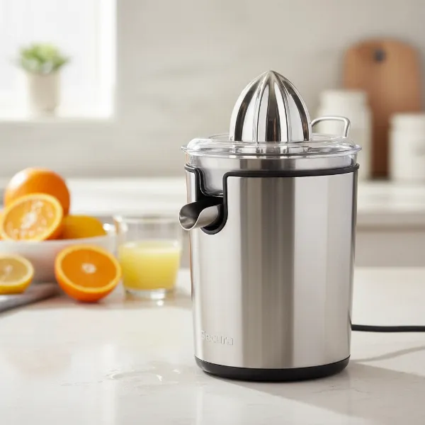 A sleek, stainless steel Secura Electric Citrus Juicer on a modern kitchen countertop, highlighting its durable design and aesthetic appeal.
