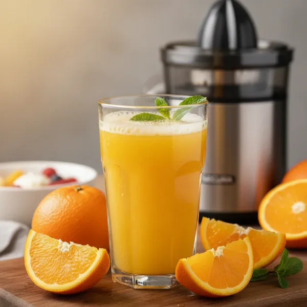 A glass of freshly squeezed orange juice next to a Secura Electric Citrus Juicer, ready for use.