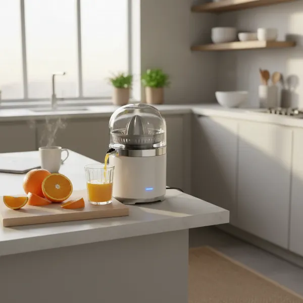 A quiet electric citrus juicer operating, producing fresh juice in a tranquil morning kitchen.