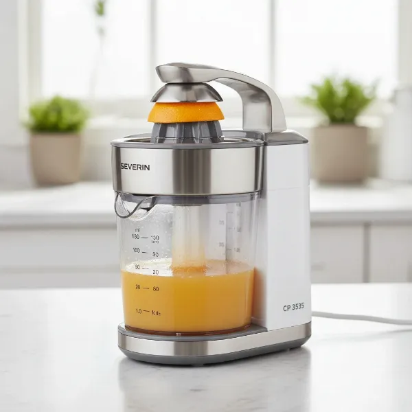 Severin CP 3535 citrus juicer with transparent 1-liter juice container and double-sided measuring scale.