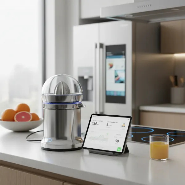 Smart juicer connected to a tablet displaying health data and integrated with a smart kitchen.
