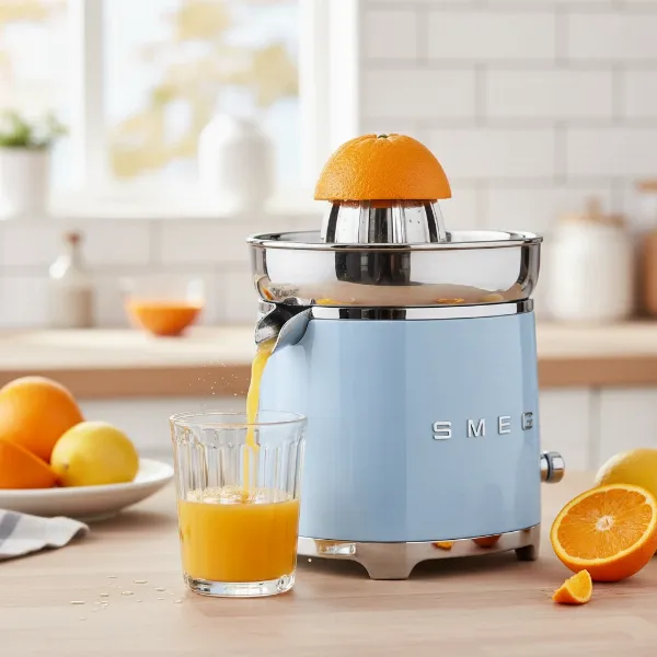 A stylish Smeg retro citrus juicer in pastel blue efficiently extracting juice from an orange half into a glass below, showcasing its performance and design. 