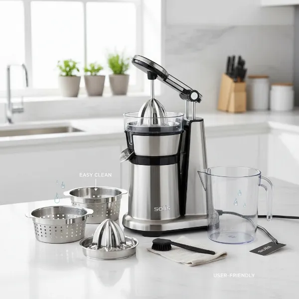 Solis Citrus Press Station being easily cleaned in a kitchen, showing detachable parts for convenience