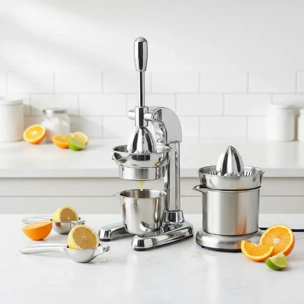 A diverse collection of stainless steel citrus juicers, showcasing manual presses, handheld reamers, and electric models for various juicing needs.