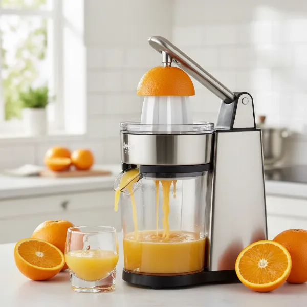 Steba ZP 2 Electric Citrus Press effortlessly juicing a halved orange for fresh juice