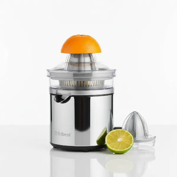 Tribest Citri-Star electric citrus juicer showcasing dual reams for different fruit sizes.