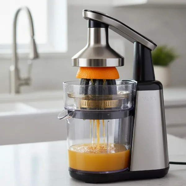 Vinci Hands-Free Citrus Juicer automatically squeezing an orange half, demonstrating hands-free operation.