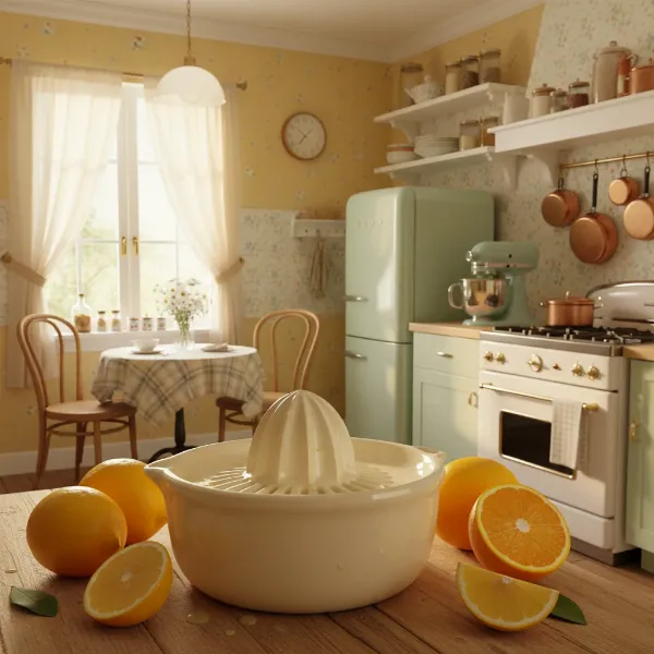 A ceramic citrus juicer on a countertop in a beautifully styled vintage kitchen setting.