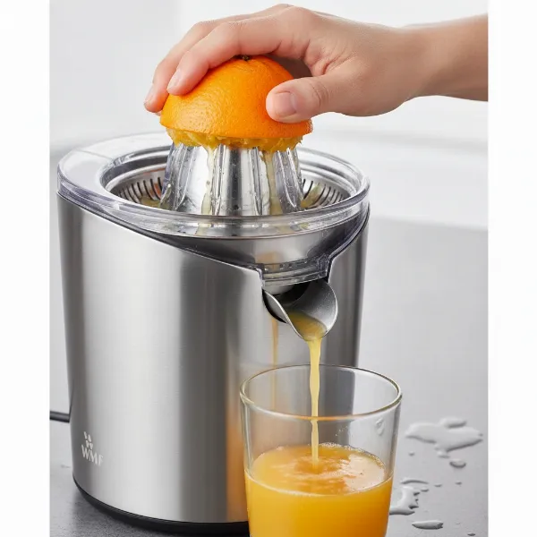 WMF Stelio citrus juicer with both pressing cones visible, extracting juice from an orange into a glass.