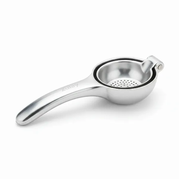 Close-up of a Zulay Metal Lemon Squeezer showcasing its robust metal construction and ergonomic design.